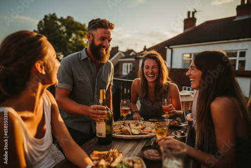 friends and family gathering on a rooftop for a barbecue  with delicious food  laughter  and a 3 2 aspect ratio to capture the fun