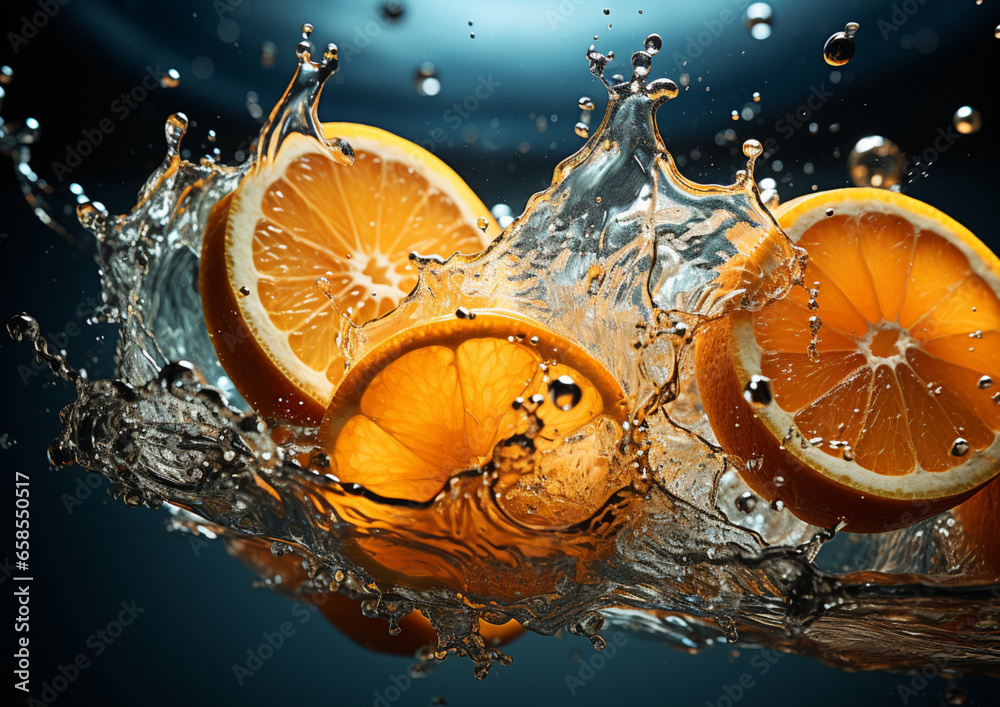 plusk wody wpadających kawałków dojrzałych pomarańczy - obrazy, fototapety, plakaty 