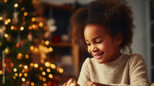 Smiling black child decorating Christmas cookies