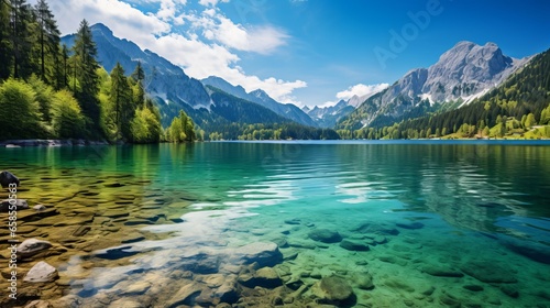 Impressively beautiful Fairy-tale mountain lake in Austrian Alps. colorful Scenery. Panoramic view of beautiful mountain landscape in Alps with Grundlsee lake, concept of an ideal resting place