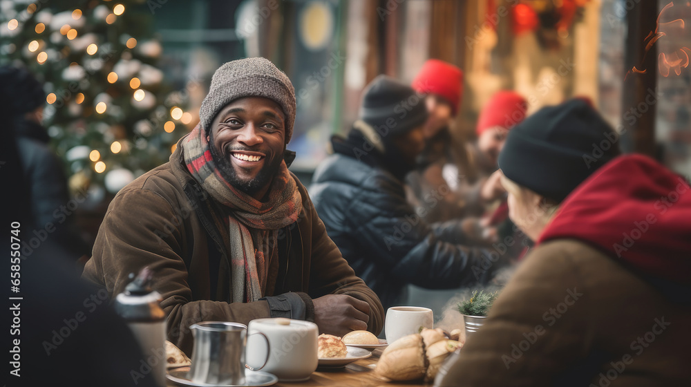 Positive black homeless African American man sitting at a table in a noisy homeless shelter cafeteria, surrounded by other people. Christmas concept. Positive black homeless African American man sitting at a table in a noisy homeless shelter cafeteria, surrounded by other people. Christmas concept.