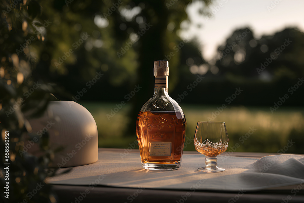 Cognac in the bottle and glass on the table outdoors on background of winery yard Cognac in the bottle and glass on the table outdoors on background of winery yard