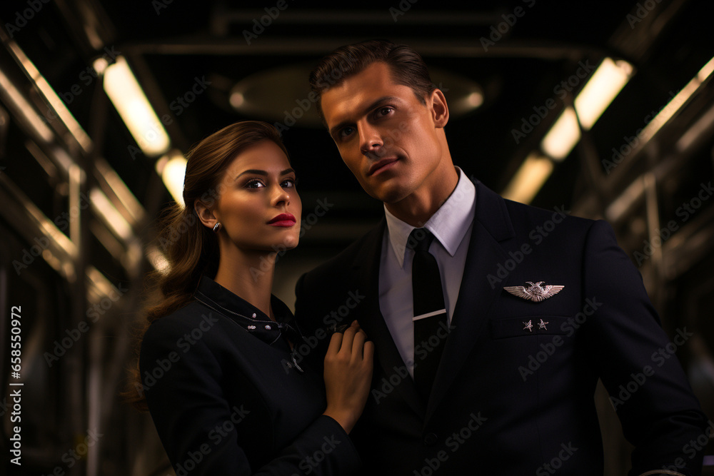 photo capturing a pilot and stewardess in uniform, conducting a pre-flight briefing in the cockpit. Photo - obrazy, fototapety, plakaty 