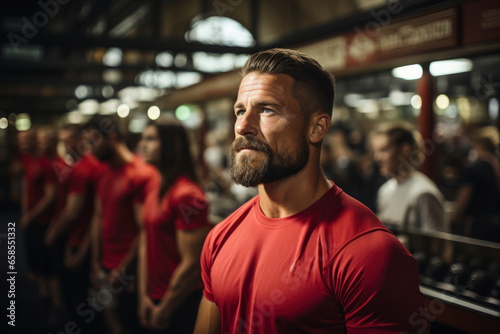 A handsome man with a beard training in a gym