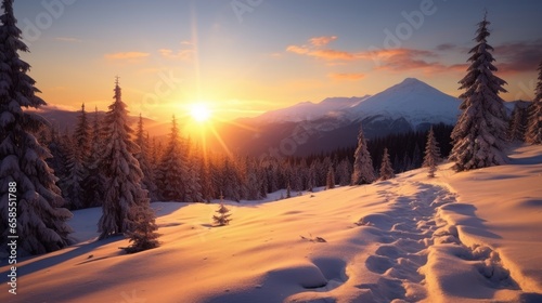 Rays of sun of a beautiful winter sunset in the mountains with trees in the snow. Sunset in the wood between the trees strains in winter period © Zahid
