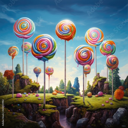 Colorful fun lollipops, unrealistic concept. Generative AI. © Simona