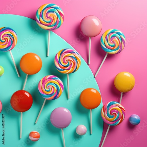 Colorful tasty sweet lollipops on a colorful background. Generative AI.