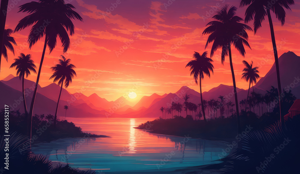 mountains and palm trees in a sunset landscape.