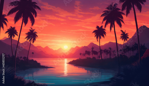 mountains and palm trees in a sunset landscape. © CFK