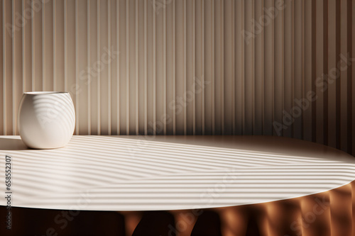 Wooden podium mockup table for cosmetics, products, perfume or jewelry, elegant line arrangement style