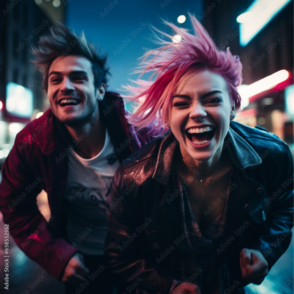 red and blue flashing lights illuminating the night sky. Punk theif couple laughing while running fast away from the law. City street. Photograph. red and blue flashing lights illuminating the night sky. Punk theif couple laughing while running fast away from the law. City street. Photograph.