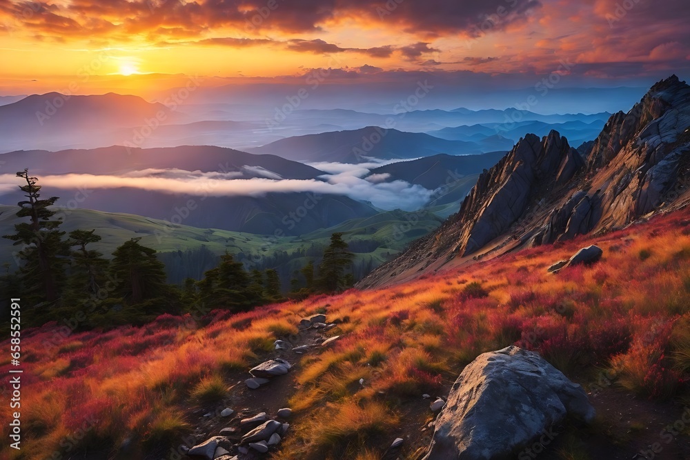 Obraz premium Early morning hike to a mountaintop, where you witness the sunrise over a vast valley, highlighting the play of colors in the sky and the awakening of the world. sky