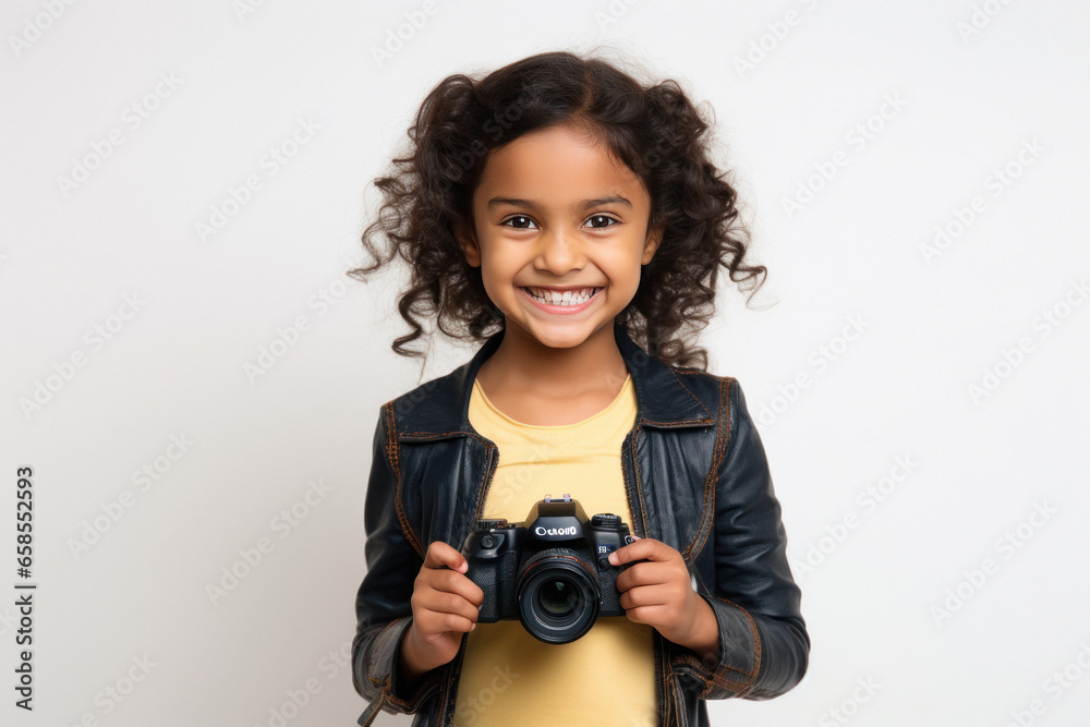 Indian little girl child holding camera and smiling Indian little girl child holding camera and smiling