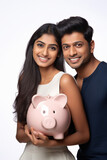 young couple holding piggy bank in hand
