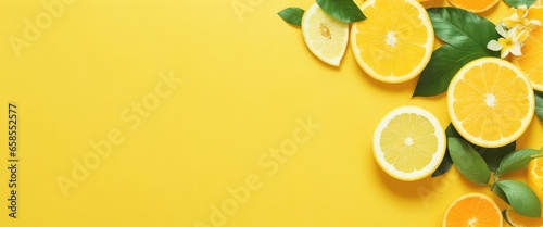 Background of a tropical summer with flowers, leaves, and citrus fruits. Lemon, lime, and orange on a yellow background. summertime idea. top view, copy space, and a flat lay