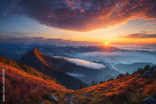 Early morning hike to a mountaintop, where you witness the sunrise over a vast valley, highlighting the play of colors in the sky and the awakening of the world. clouds