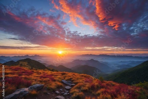 Early morning hike to a mountaintop, where you witness the sunrise over a vast valley, highlighting the play of colors in the sky and the awakening of the world. sunset