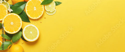 Background of a tropical summer with flowers, leaves, and citrus fruits. Lemon, lime, and orange on a yellow background. summertime idea. top view, Copy space for text, advertising, message, logo