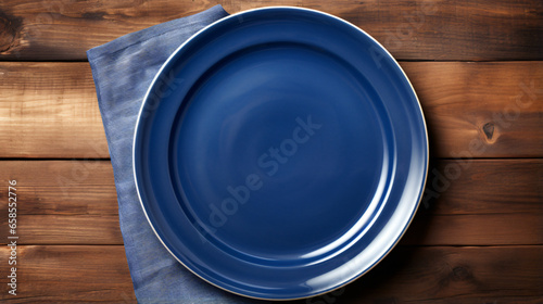 Empty Plate with a Blue Napkin on a Wooden Table Shoo