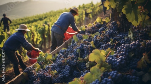 Workers picking grapes. Black or blue bunch grapes photo