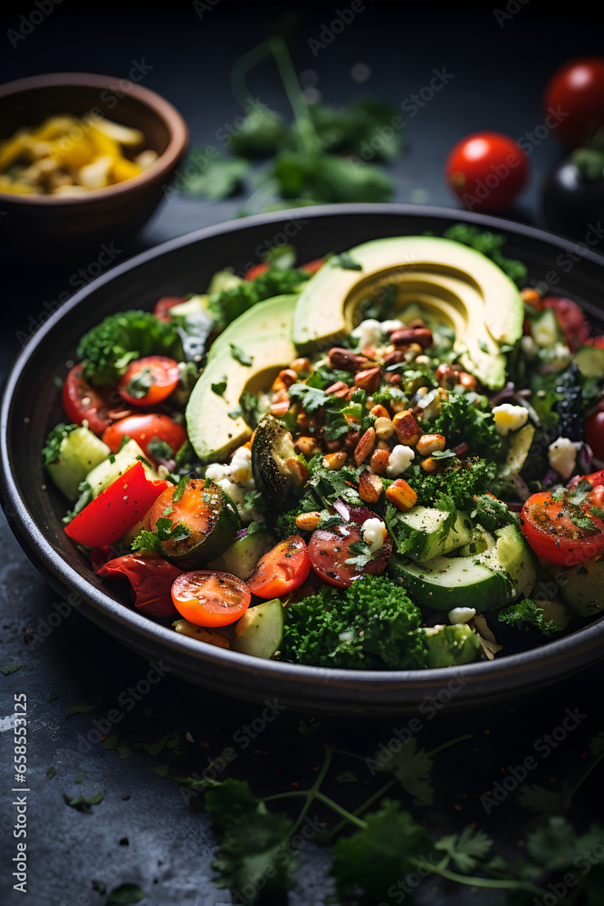 A nutrient-packed kale salad with colorful vegetables, nuts, and seeds, captured against a simple and uncluttered background, conveying a sense of wellness and healthy eating.