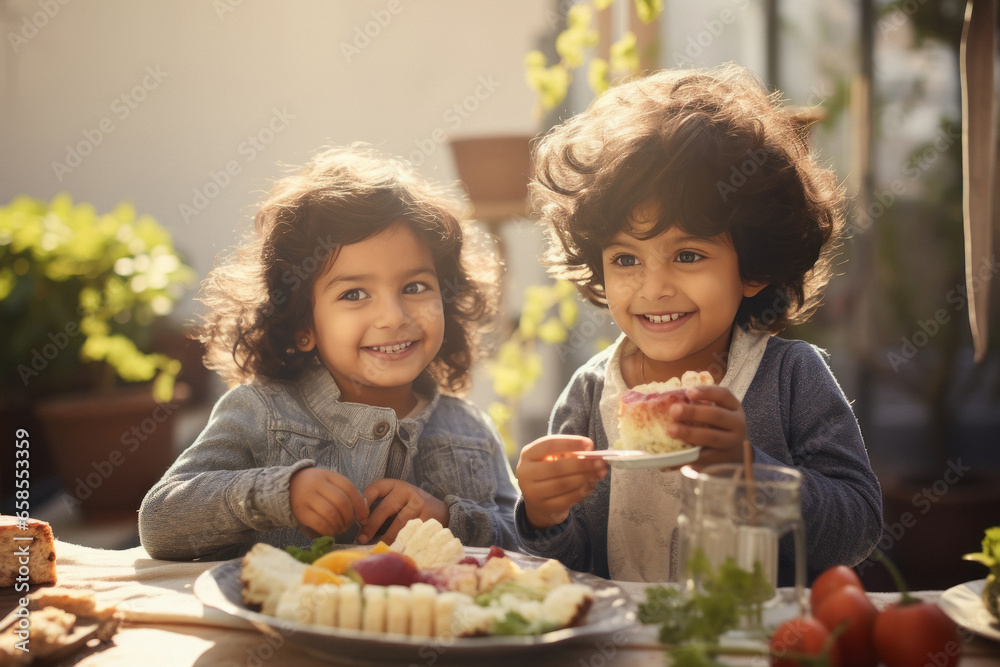 Cute indian little siblings eating breakfast at home.