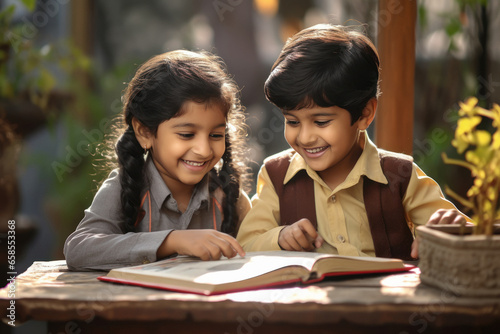 Cute indian little siblings studying together at home