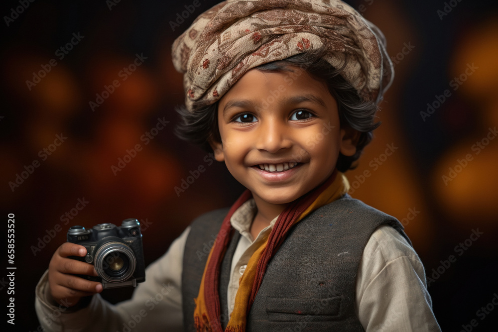 Indian little boy child holding camera and smiling Indian little boy child holding camera and smiling