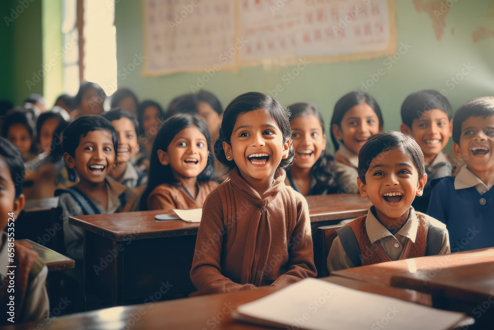 Indian little girls sitting in classroom at school. - obrazy, fototapety, plakaty 
