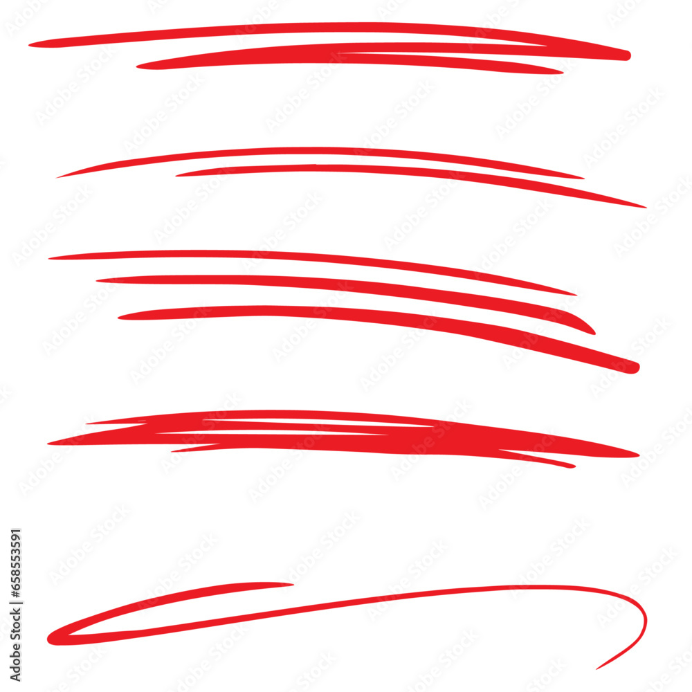 Single line stroke set red underline as a design underline element, isolated over the white background, set of lines set - obrazy, fototapety, plakaty 