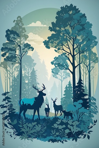 Vector vintage forest landscape with blue and grees silhouettes of trees and wild animals. deer