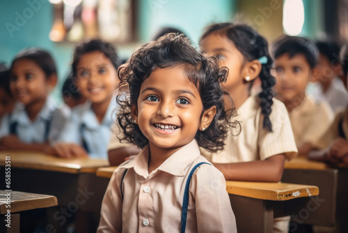 Indian little girls sitting in classroom at school.