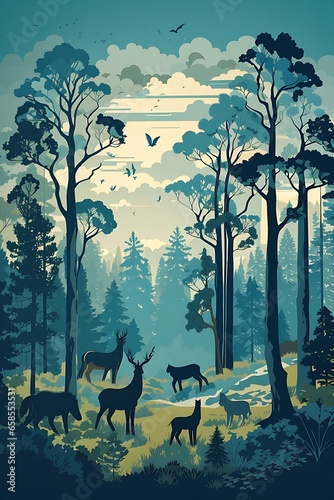 Vector vintage forest landscape with blue and grees silhouettes of trees and wild animals. nature