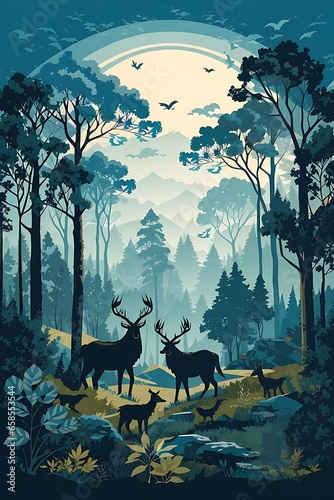 Vector vintage forest landscape with blue and grees silhouettes of trees and wild animals. silhouette