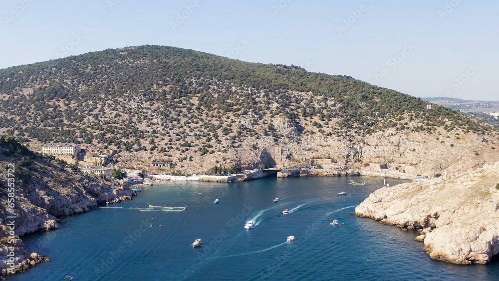 Sevastopol, Crimea. Entering Balaklava Bay with yachts and pleasure boats, Aerial View