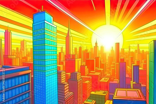 side view of the city. cartoon side view of city with sun. AI GENERATE