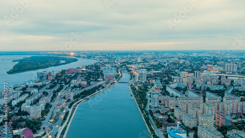 Astrakhan  Russia. Panorama of the city of Astrakhan. Channel named Varvatsiya. Time after sunset  Aerial View