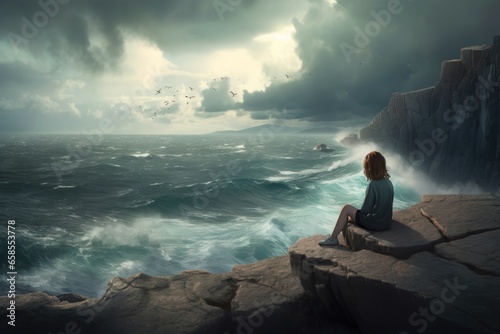 Girl cliff ocean. Nature summer storm. Generate Ai