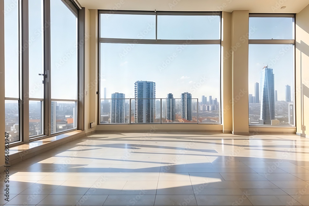 Fototapeta premium Sunny spacious empty room with ceramic tiles floor and city view from blinds on big windows. luxury