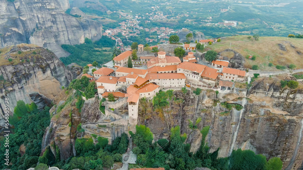Meteora, Kalabaka, Greece. Monastery of the Transfiguration of the Saviour. Meteora - rocks, up to 600 meters high. There are 6 active Greek Orthodox monasteries listed on the UNESCO list, Aerial View
