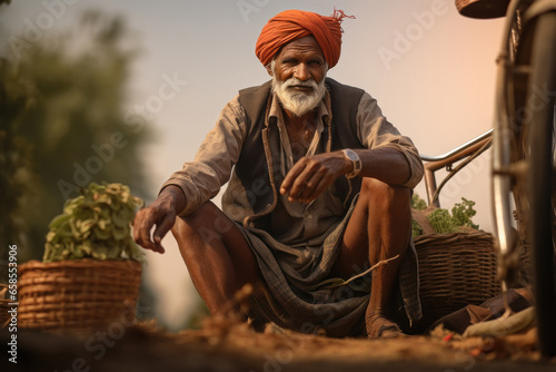 Farmer using bicycle, village life concept
