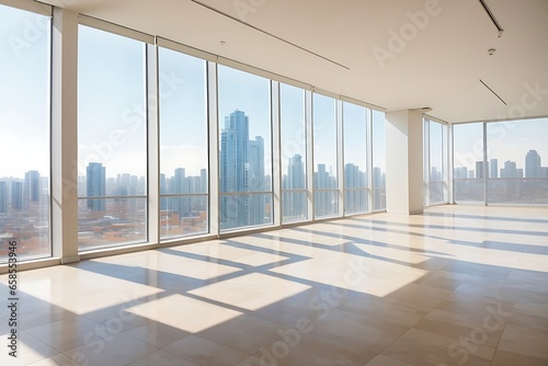 Sunny spacious empty room with ceramic tiles floor and city view from blinds on big windows. empty
