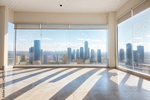 Sunny spacious empty room with ceramic tiles floor and city view from blinds on big windows. indoor