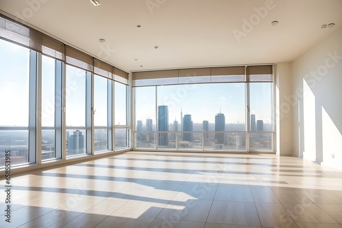 Sunny spacious empty room with ceramic tiles floor and city view from blinds on big windows. window