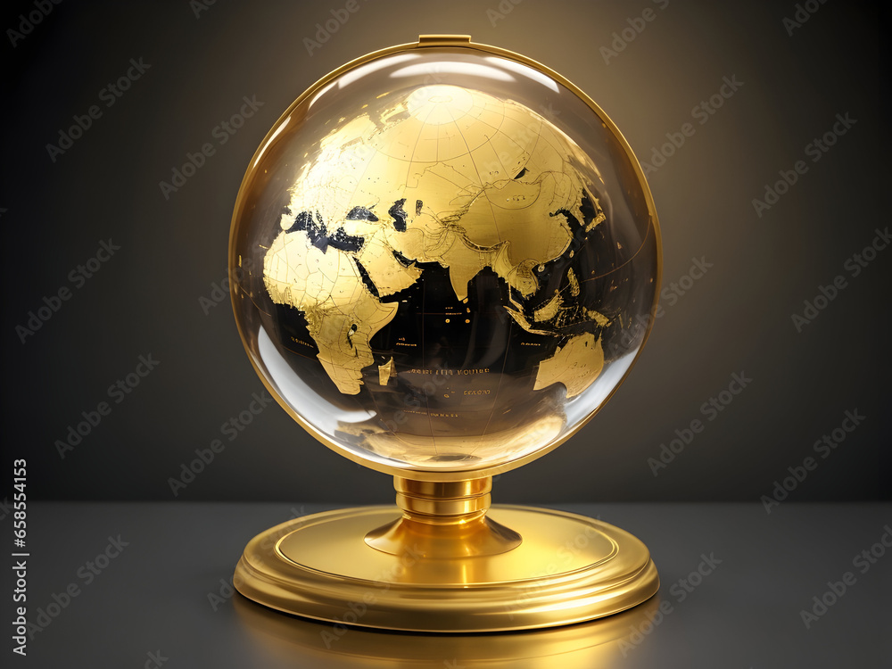 crystal clear globe encased in a golden frame, signifying a global ...