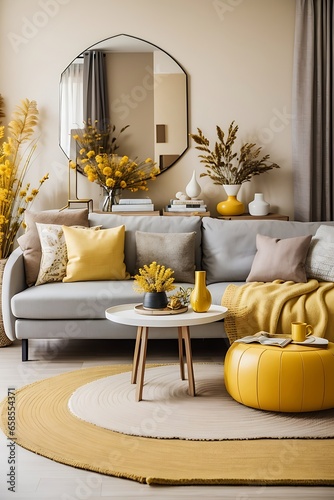 Stylish interior of living room at fancy home with design sofa, yellow side table, dried flowers, pillow, carpet decor and personal accessories in modern home decor. indoor