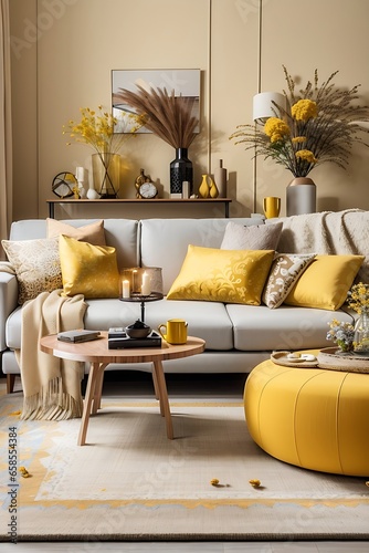 Stylish interior of living room at fancy home with design sofa, yellow side table, dried flowers, pillow, carpet decor and personal accessories in modern home decor. house