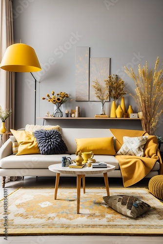 Stylish interior of living room at fancy home with design sofa, yellow side table, dried flowers, pillow, carpet decor and personal accessories in modern home decor. home