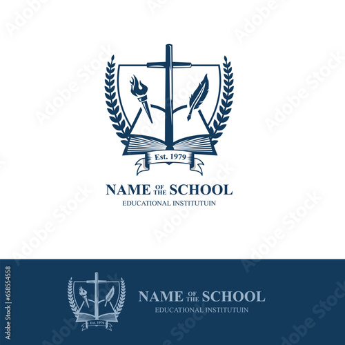 Christian school logo. Academy logo crest from higher education. College logo. Symbol of cross, quill, torch, book and education. Best for educational institutes. Shield with wreath. 