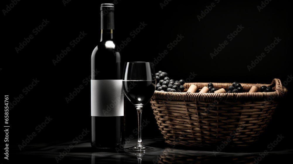 On a black and white background, a wineglass and a bottle of red wine are placed in a basket. On a black and white background, a wineglass and a bottle of red wine are placed in a basket.